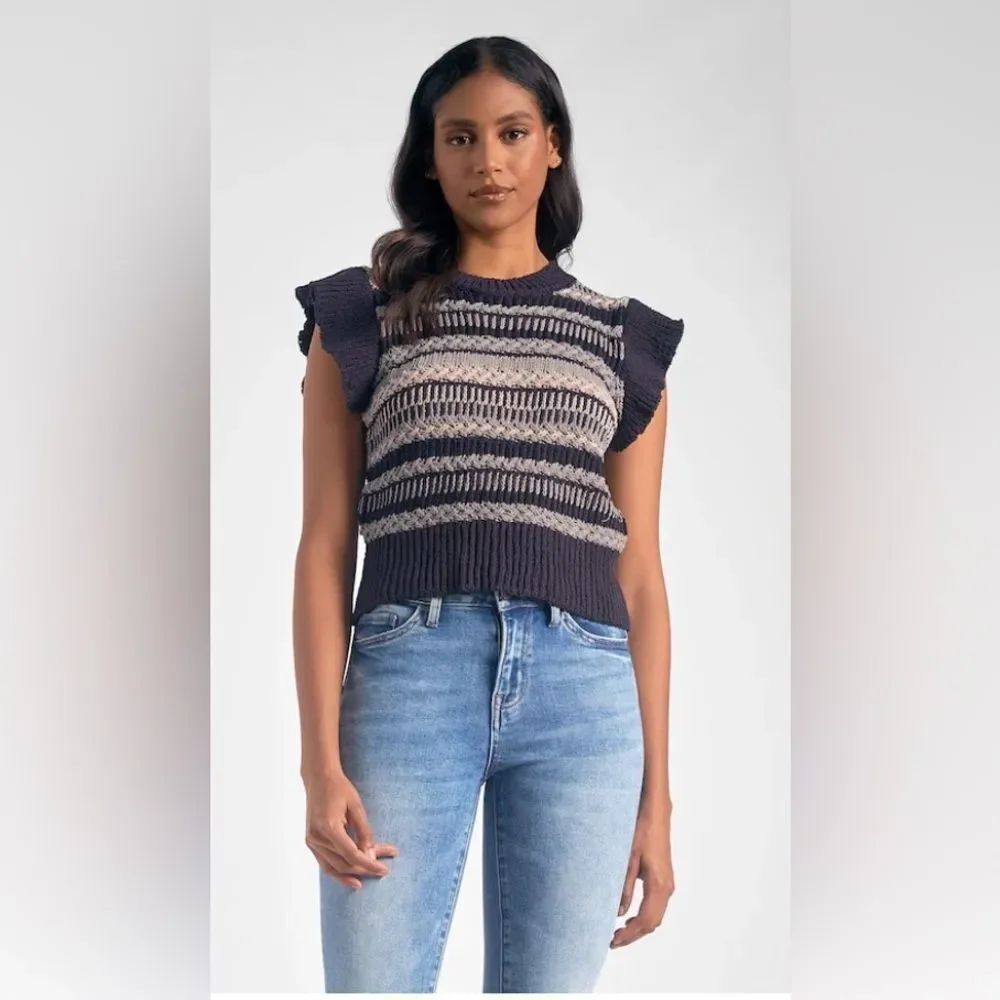 Elan Blue Gray Cap Sleeve Textured Ruffle Pullover Knit Boho Sweater Vest S